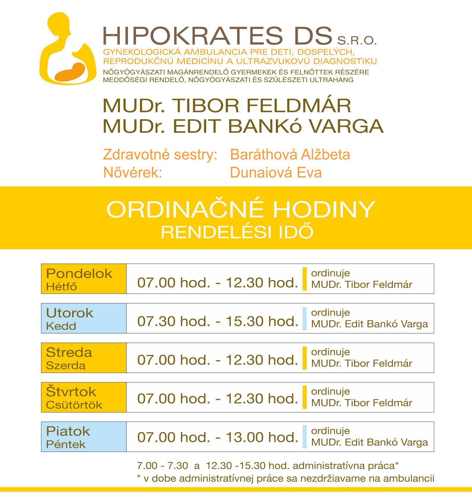 Ordinačné hodiny ambulancie na Hlavnej 5599/3A